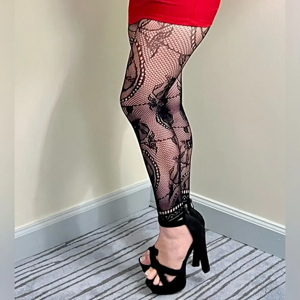 Footless Floral Pattern Fishnet Tights - Picture 5 of 10